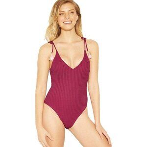 Xhilaration Womens Burgundy Crochet One-Piece Swimsuit With Tassel Tie Straps &
